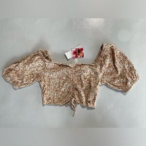 NEW Womens Roxy Crop Top Flirty Walk Front Tie Cotton Blend Light Brown